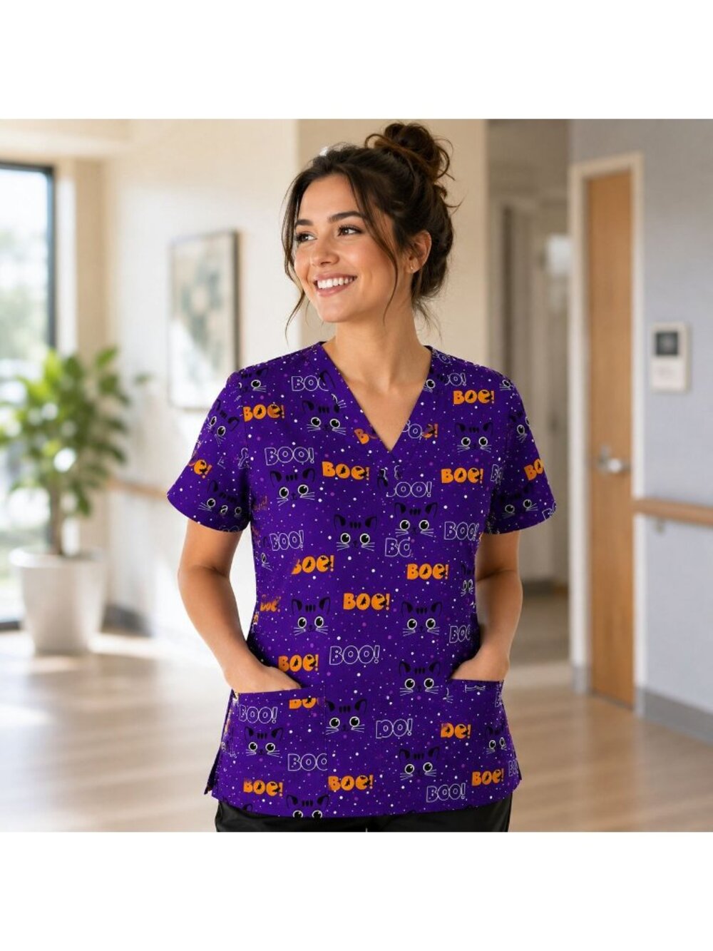 Cassandra O Halloween Scrub Top Size S Purple Cat Boo V Neck Stretch Cotton
